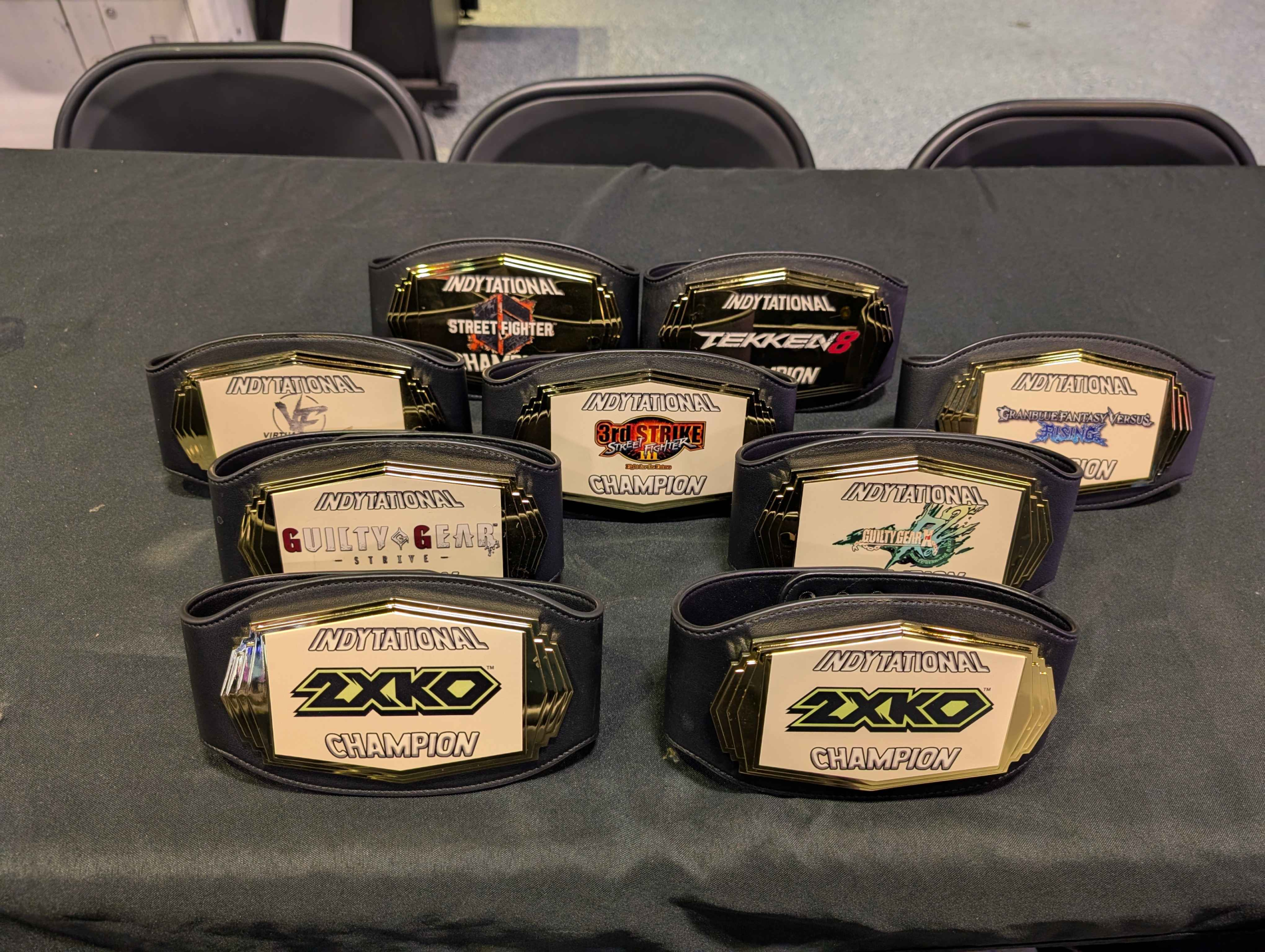 Indiana FGC belts on a table.